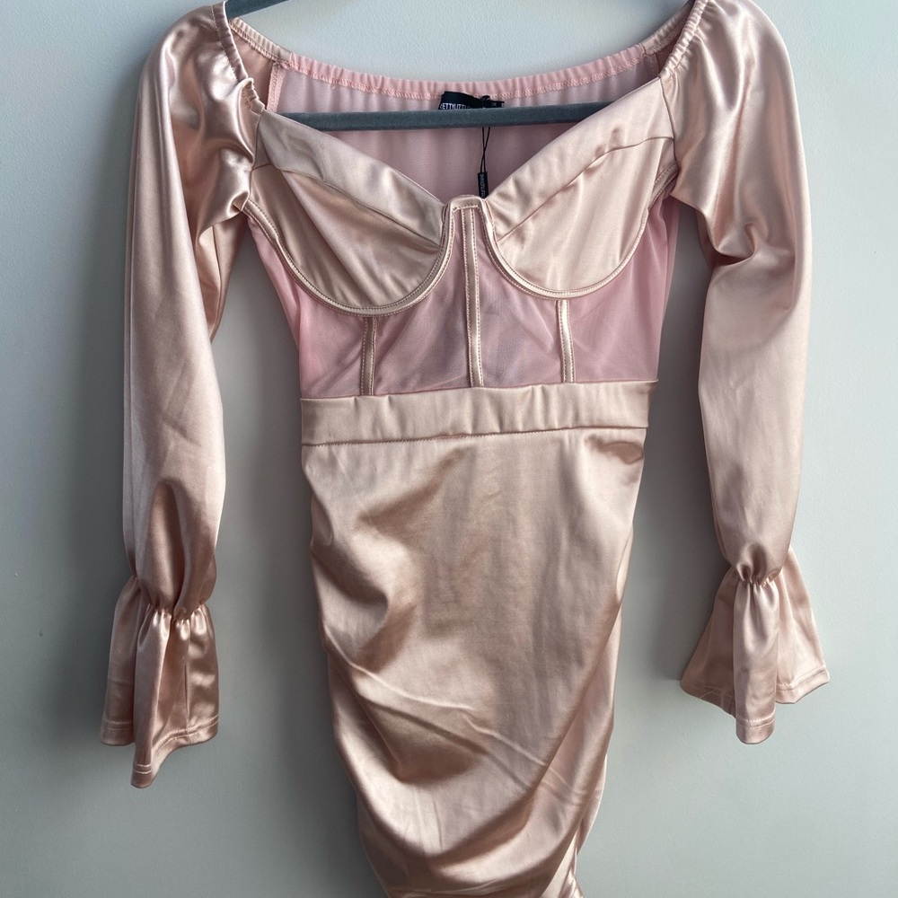 PrettyLittleThing Blush Satin Off-Shoulder Dress